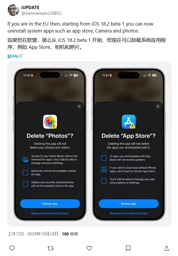 泰兴苹果手机维修分享iOS 18.2 支持删除 App Store 应用商店 