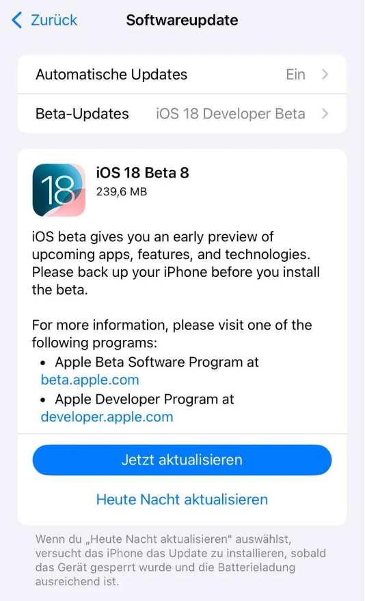 泰兴苹果手机维修分享苹果 iOS / iPadOS 18 开发者预览版 Beta 8 发布 